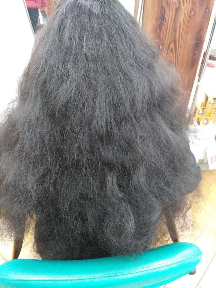 Frizzy dark hair before treatment